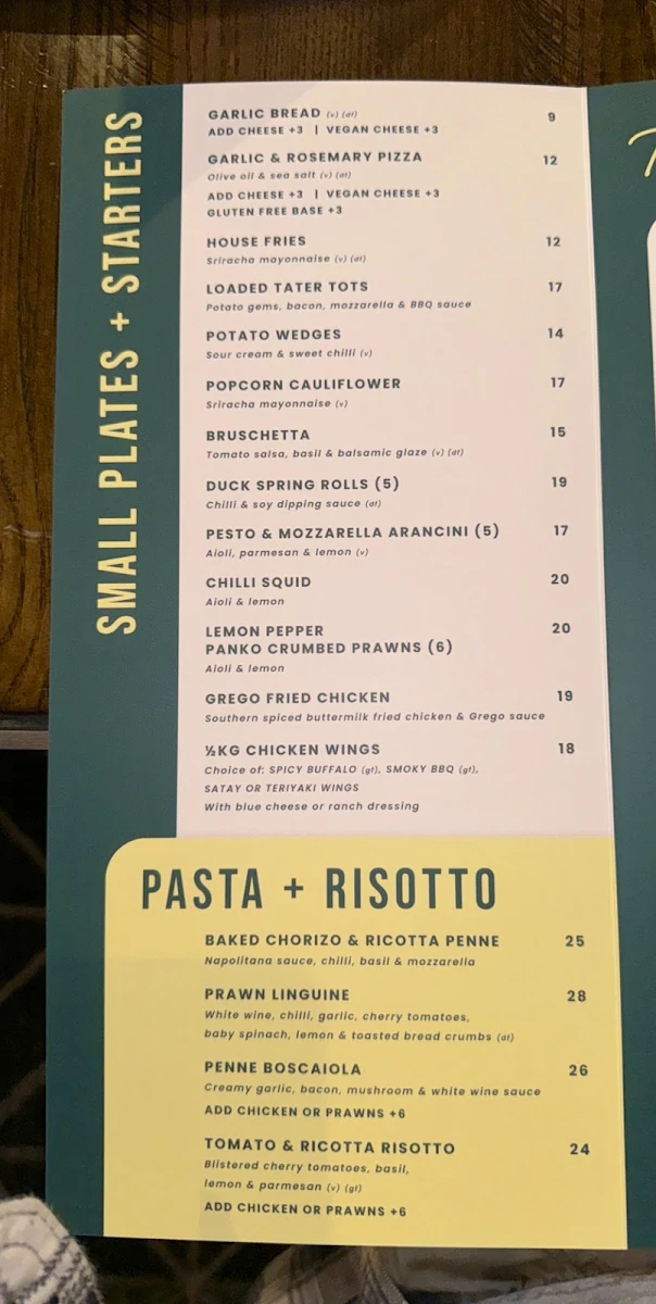 Menu, Gregory Hills Hotel