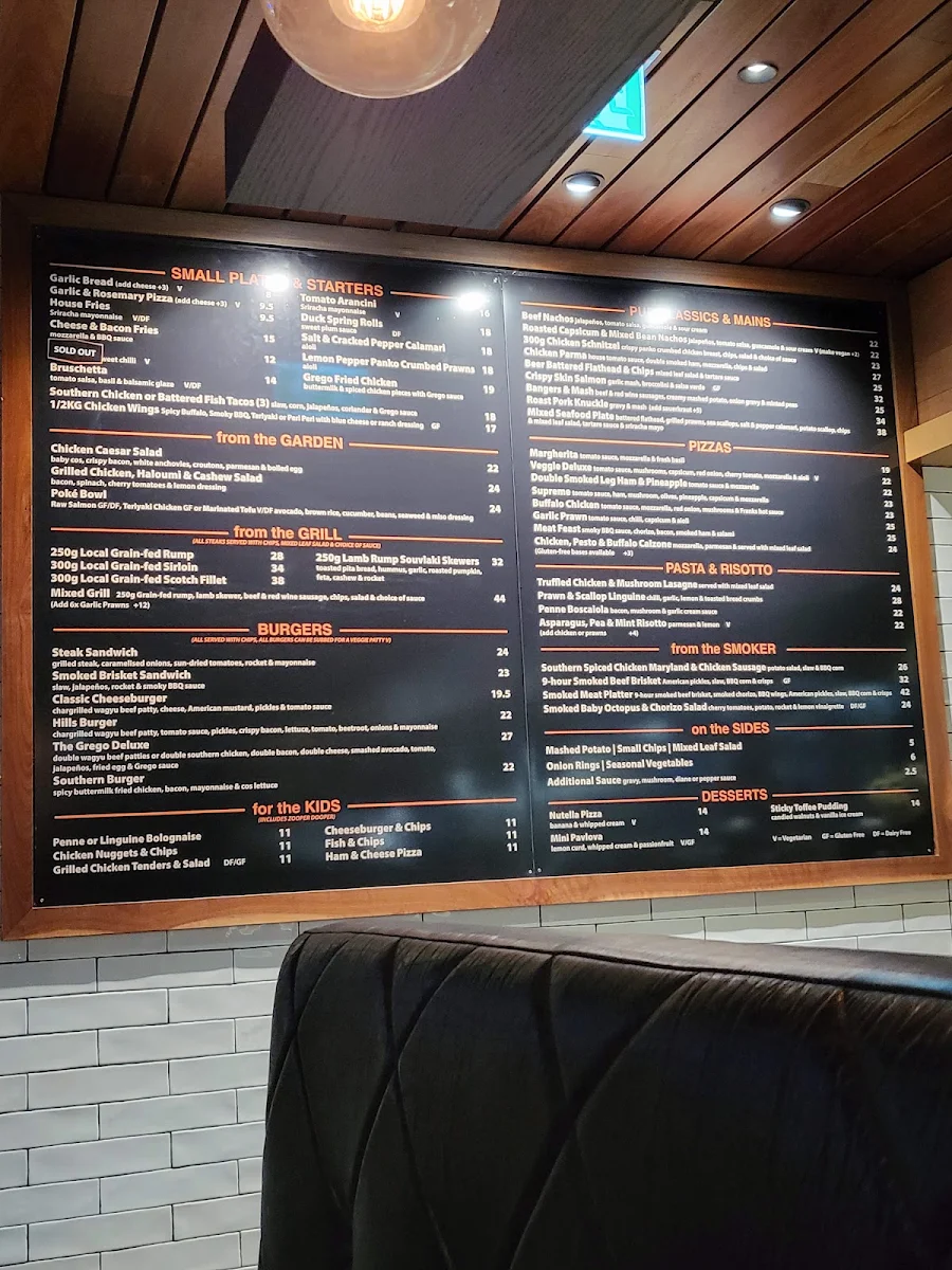 Menu, Gregory Hills Hotel