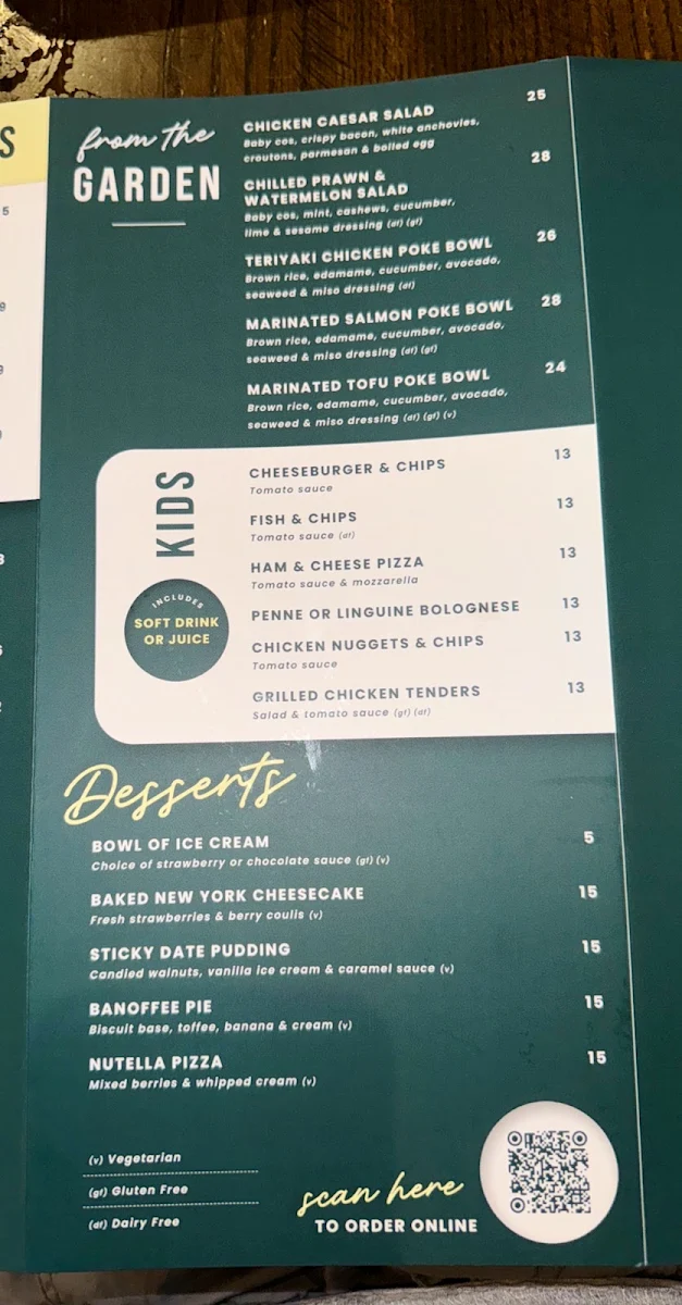 Menu, Gregory Hills Hotel