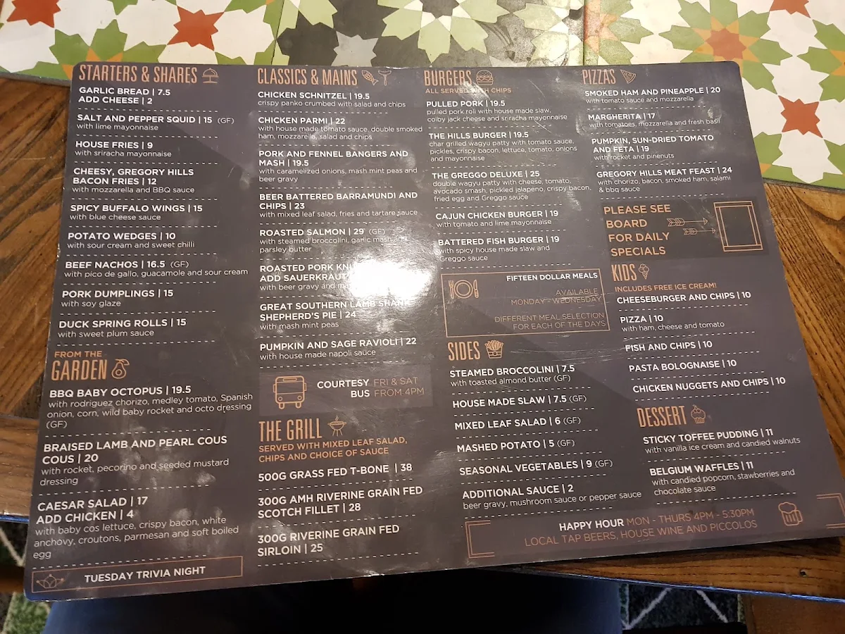 Menu, Gregory Hills Hotel