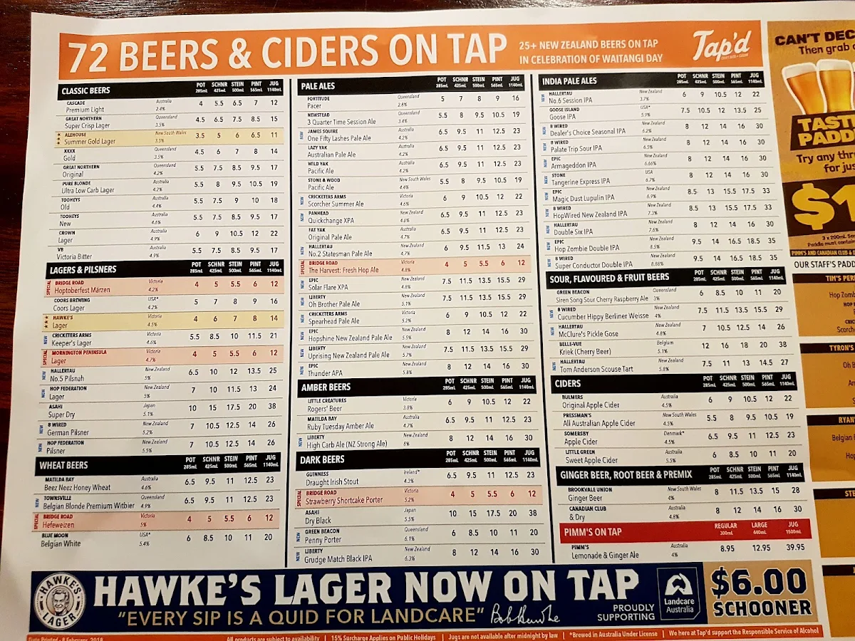 Menu, Tap'd Bar Ipswich