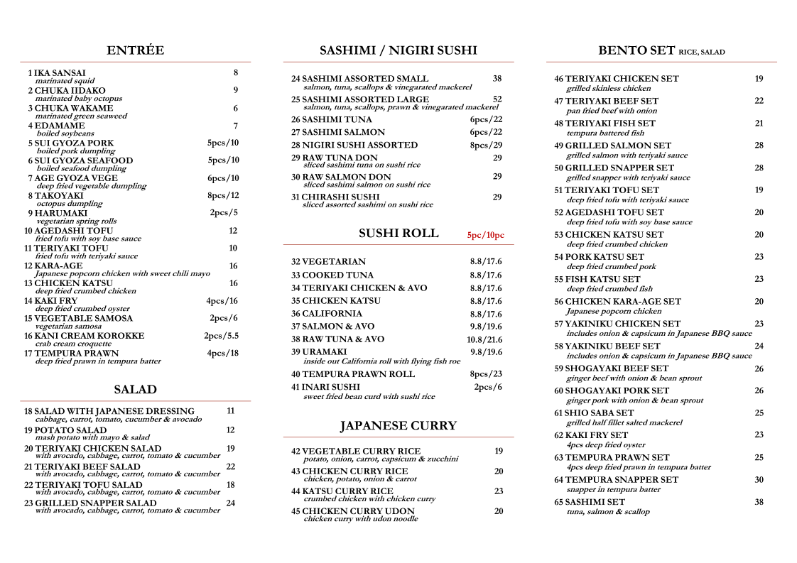 Menu, Suisen Japanese Takeaway Restaurant