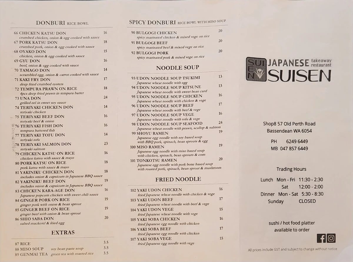 Menu, Suisen Japanese Takeaway Restaurant