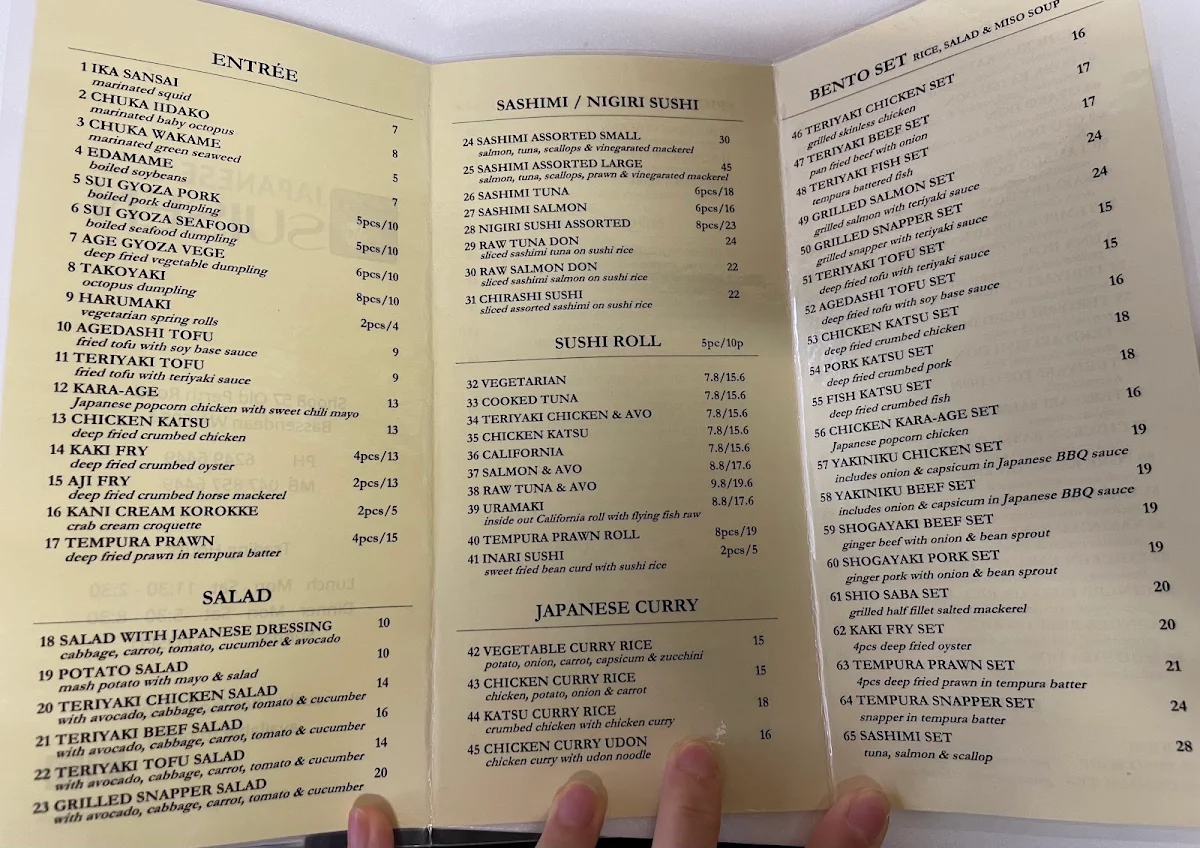 Menu, Suisen Japanese Takeaway Restaurant