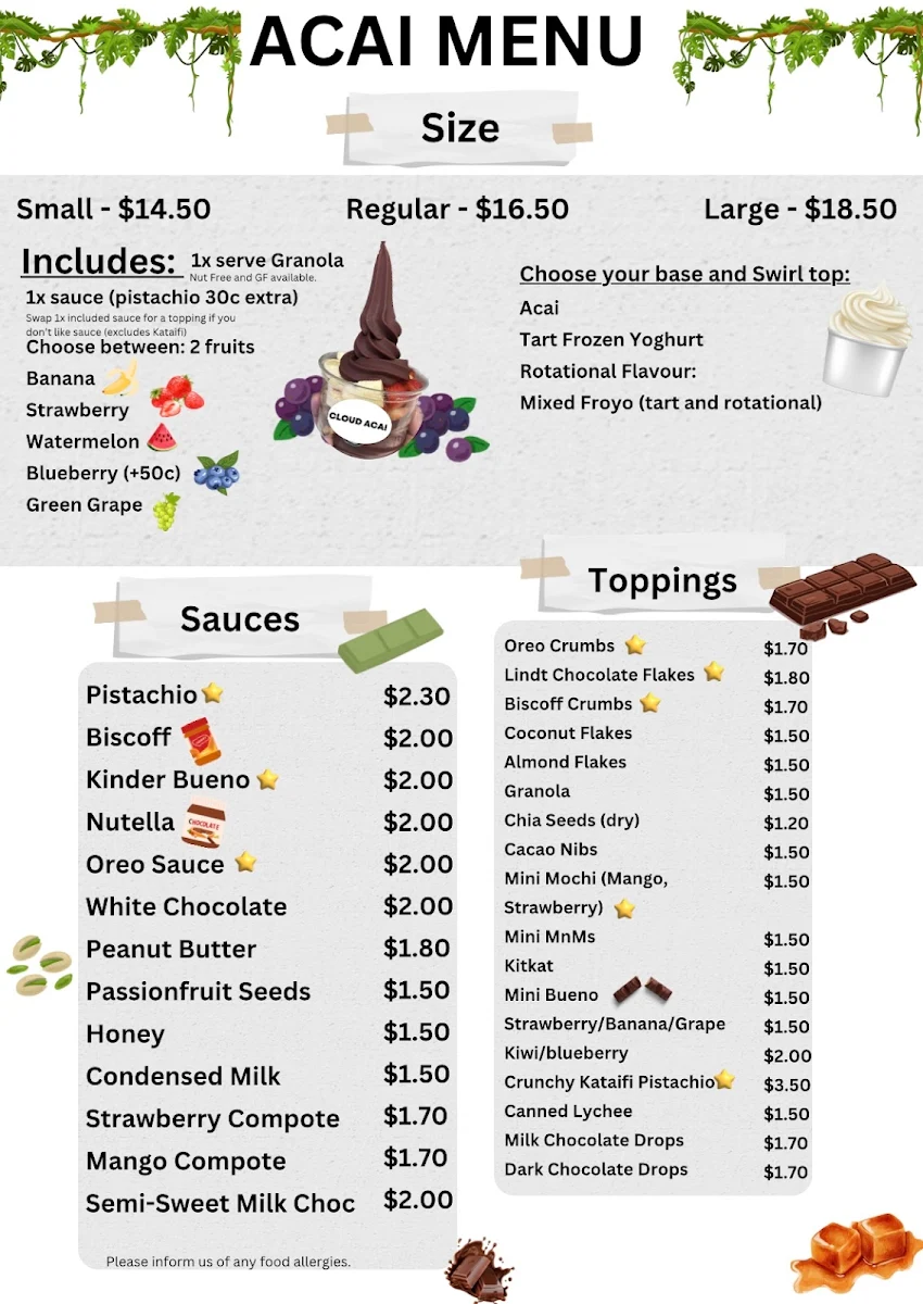 Menu, Cloud Acai