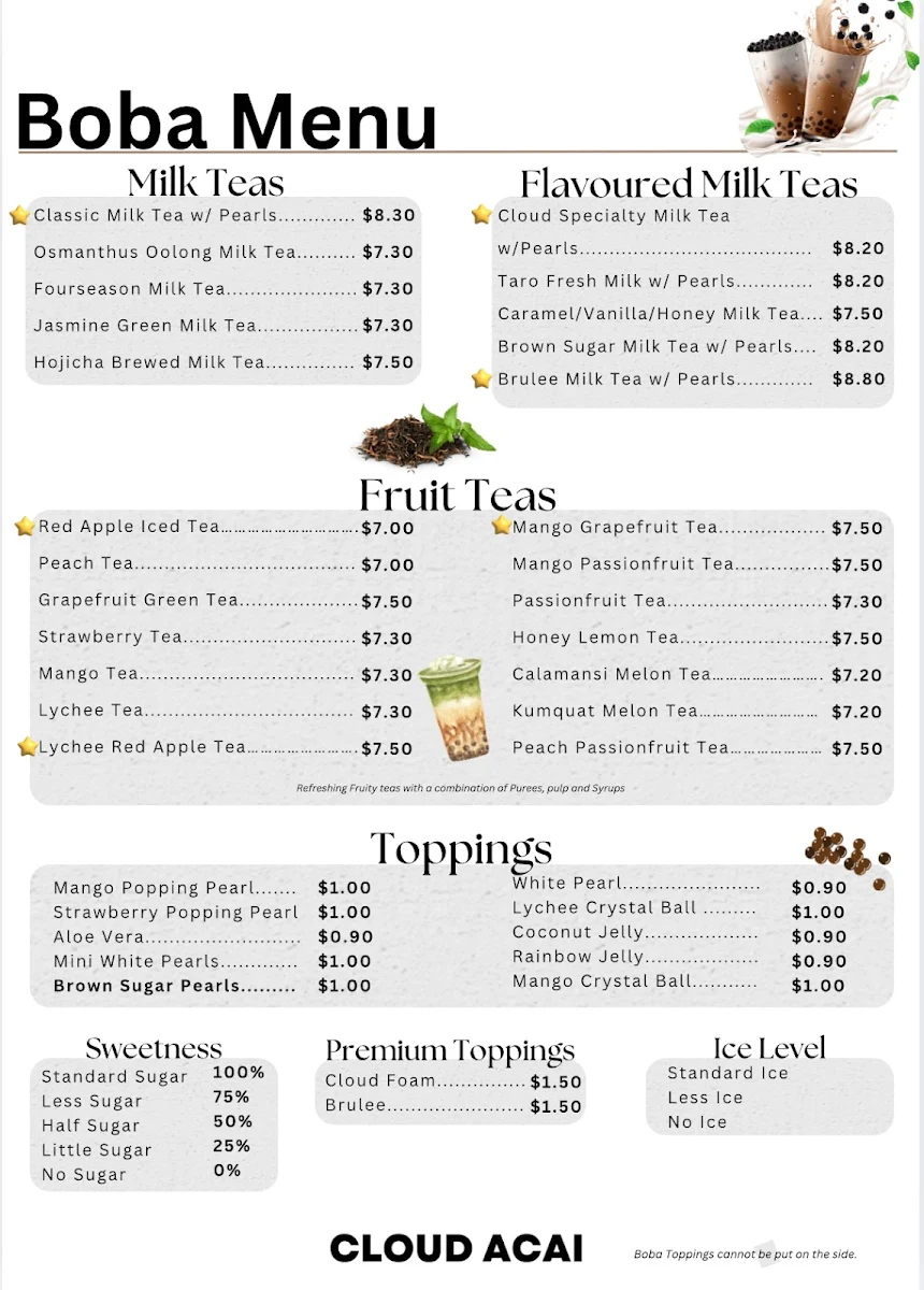 Menu, Cloud Acai
