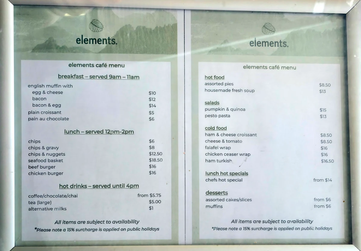 Menu, Elements Cafe