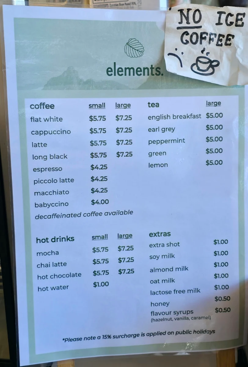 Menu, Elements Cafe