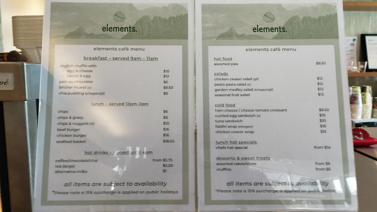 Menu, Elements Cafe