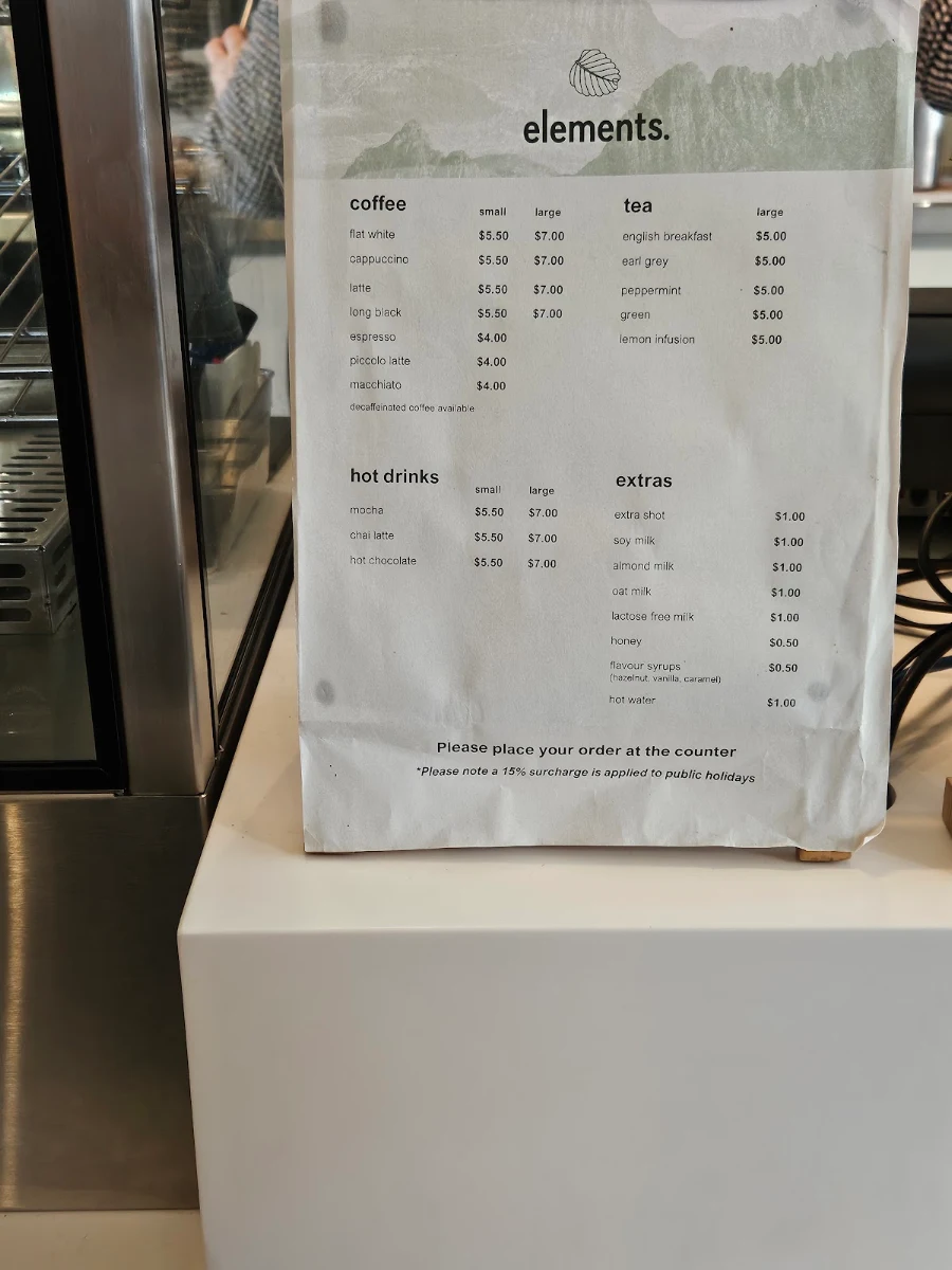 Menu, Elements Cafe