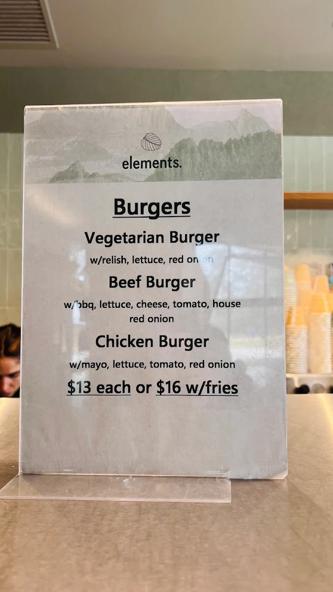 Menu, Elements Cafe