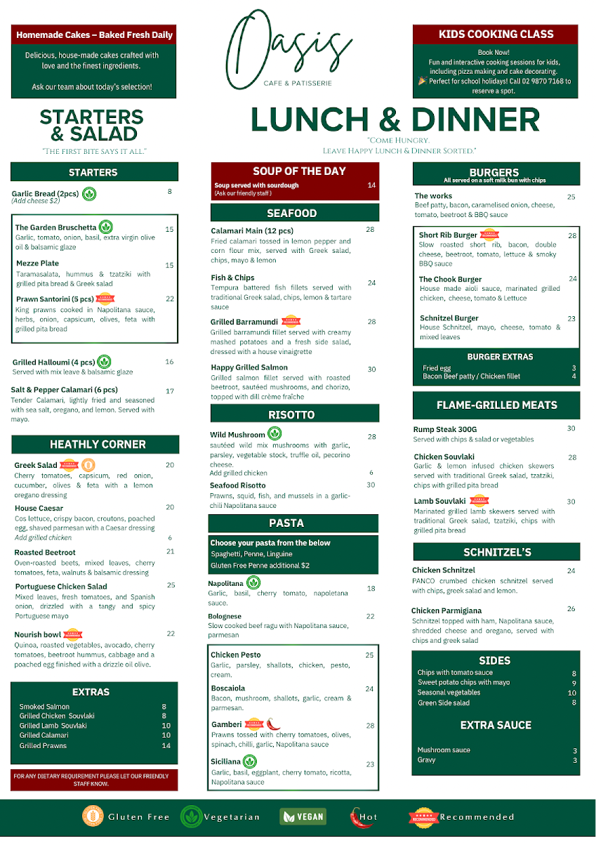 Menu, Oasis Cafe Macquarie Centre