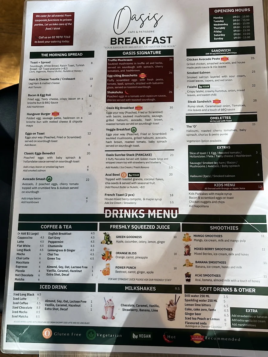 Menu, Oasis Cafe Macquarie Centre