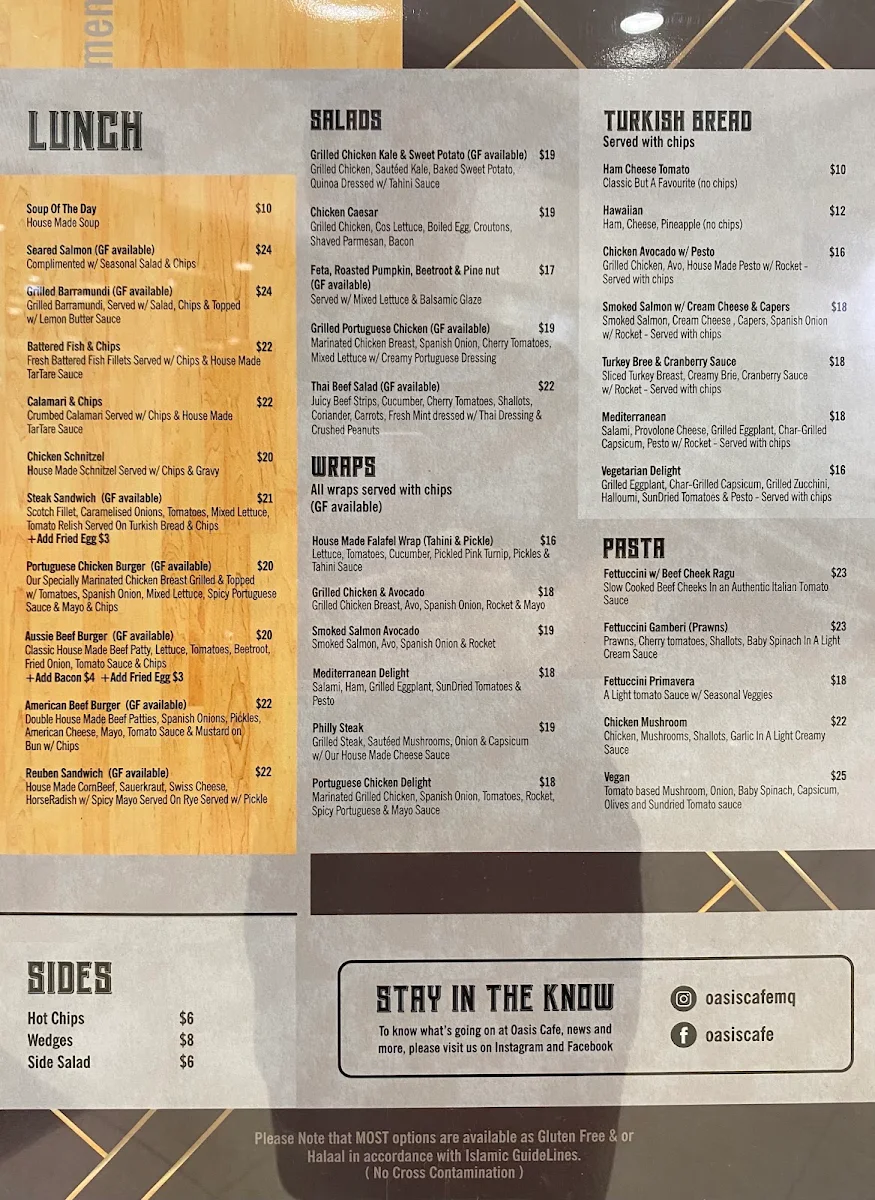 Menu, Oasis Cafe Macquarie Centre