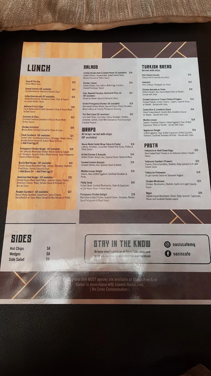Menu, Oasis Cafe Macquarie Centre