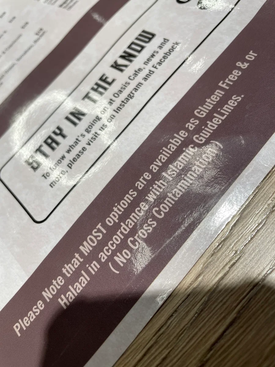 Menu, Oasis Cafe Macquarie Centre
