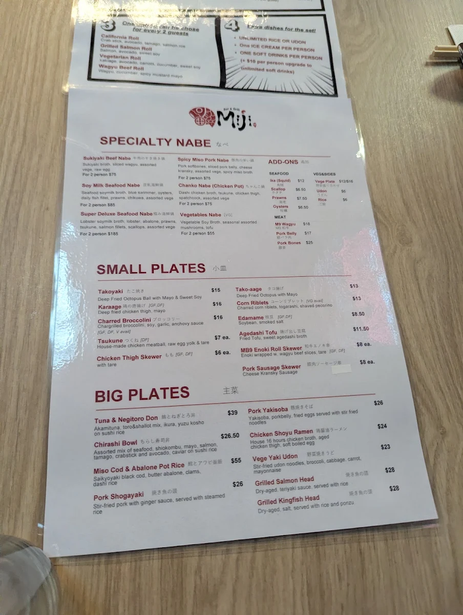 Menu, Miji Bar & Grill