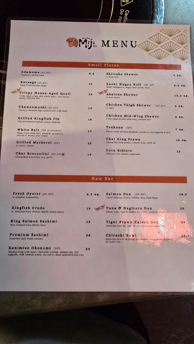 Menu, Miji Bar & Grill