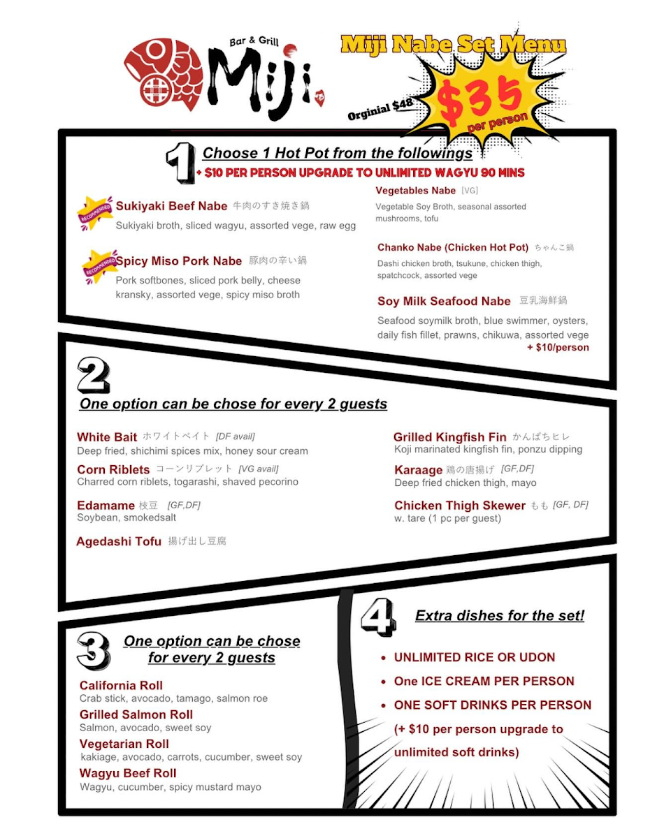 Menu, Miji Bar & Grill