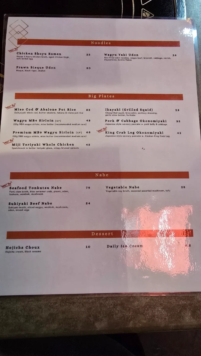 Menu, Miji Bar & Grill