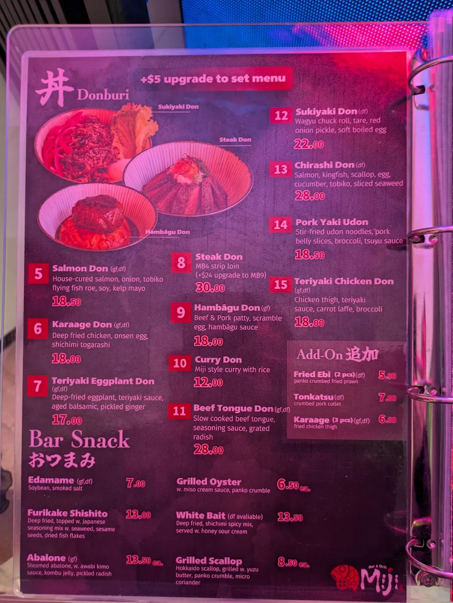 Menu, Miji Bar & Grill