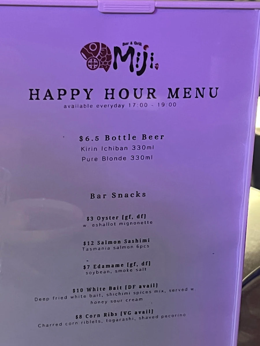 Menu, Miji Bar & Grill