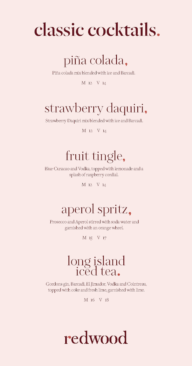 Menu, Redwood