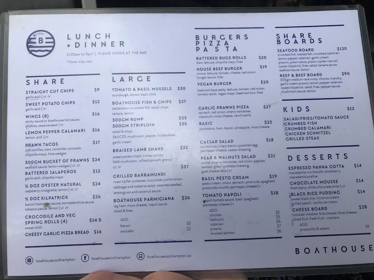 Menu, Boathouse