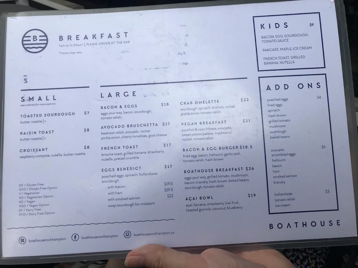 Menu, Boathouse