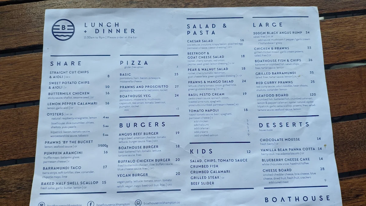 Menu, Boathouse