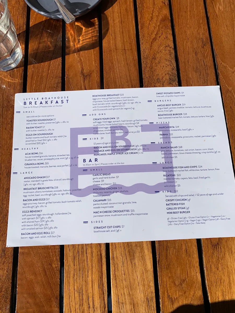Menu, Boathouse