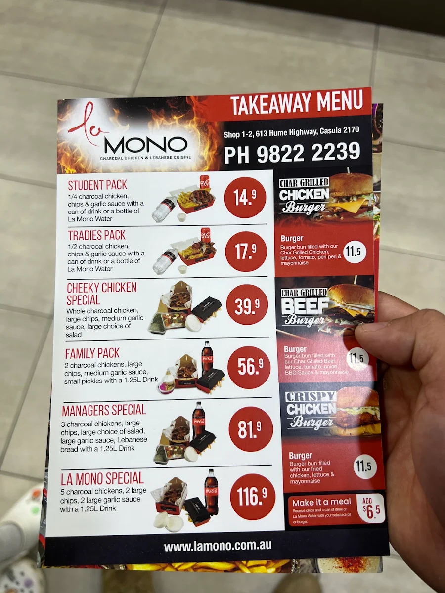 Menu, La Mono Casula | Charcoal Chicken & Lebanese Cuisine