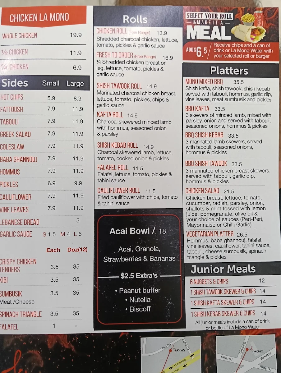Menu, La Mono Casula | Charcoal Chicken & Lebanese Cuisine