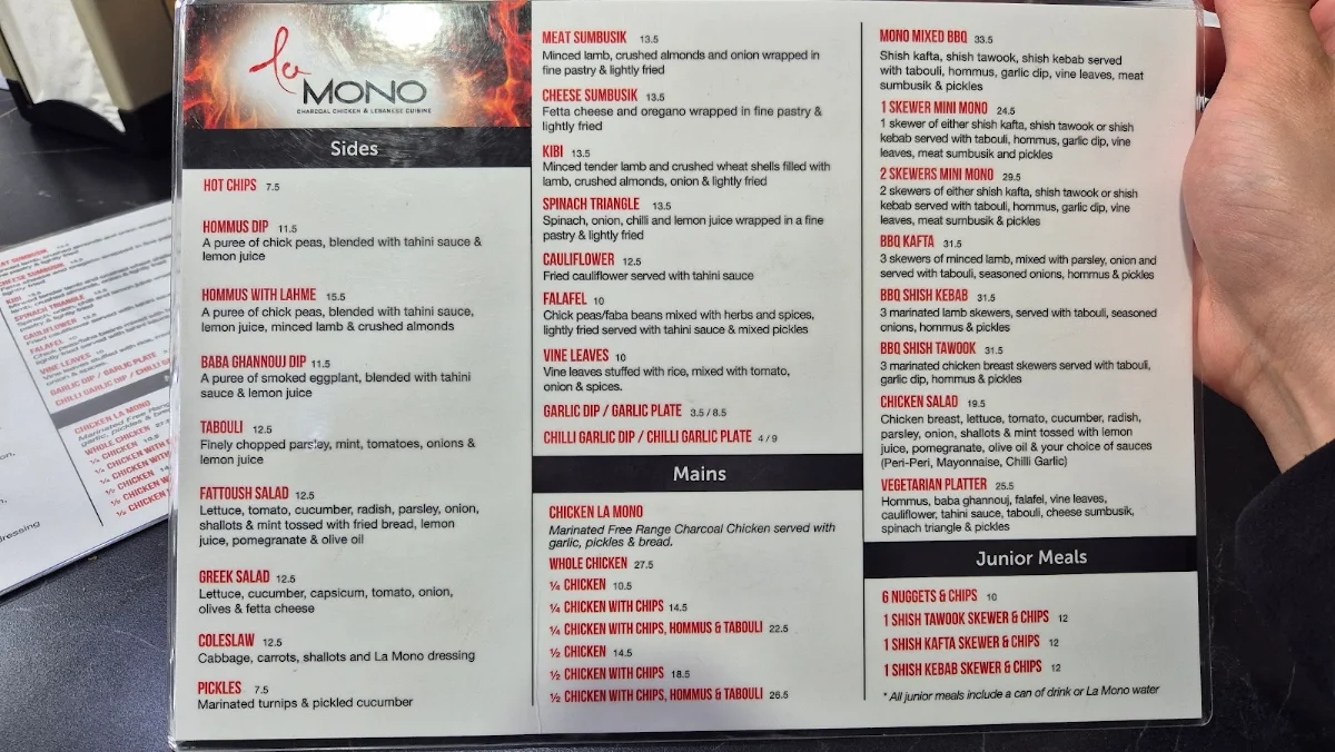 Menu, La Mono Casula | Charcoal Chicken & Lebanese Cuisine