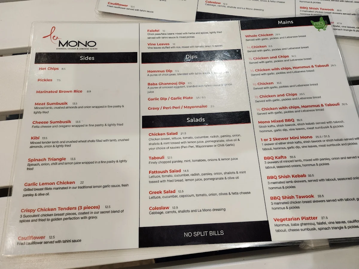 Menu, La Mono Casula | Charcoal Chicken & Lebanese Cuisine