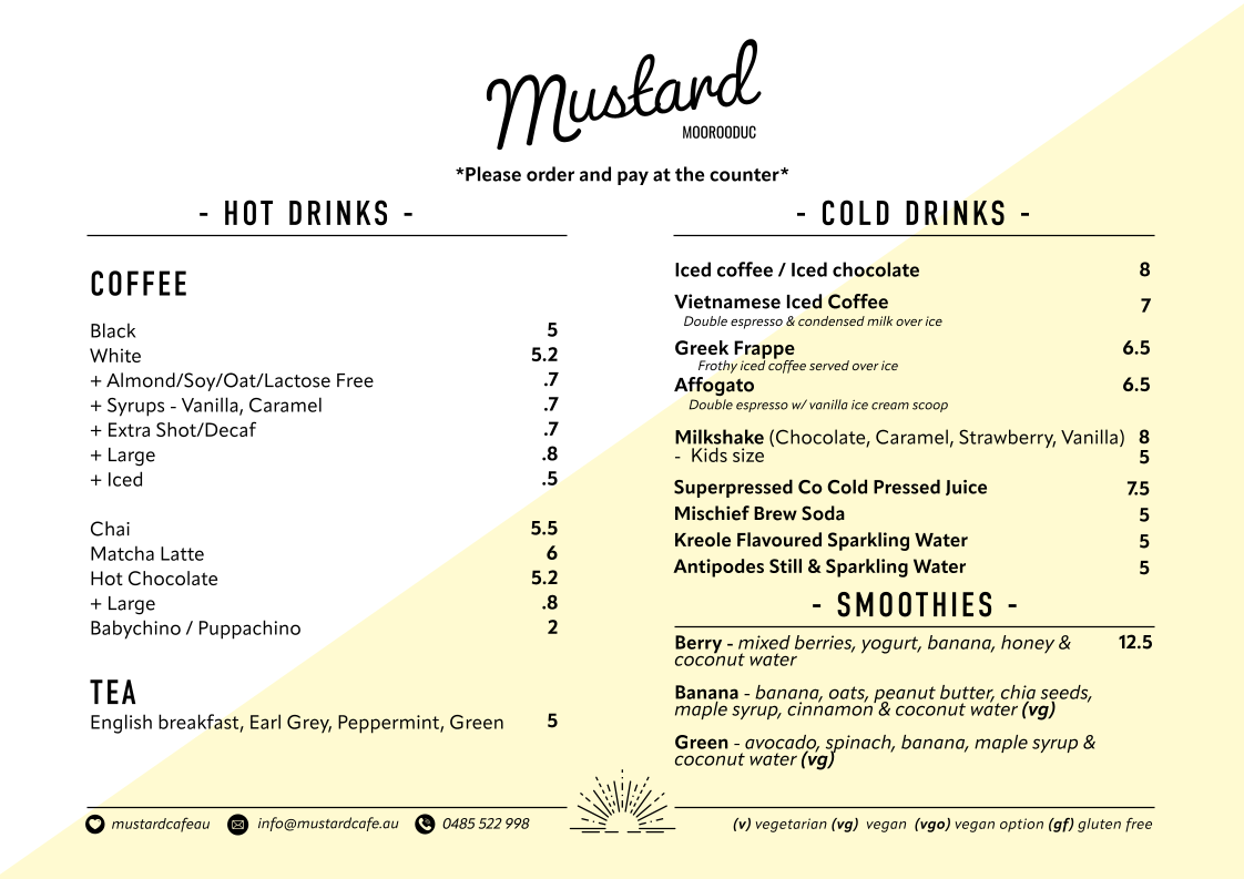 Menu, Mustard Moorooduc