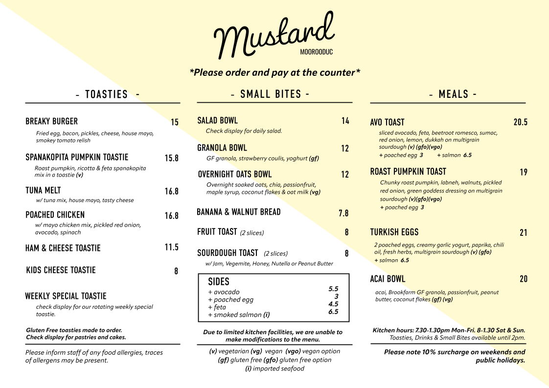 Menu, Mustard Moorooduc