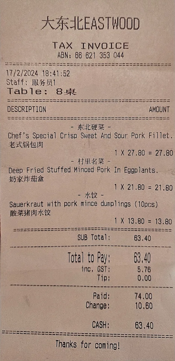 Menu, The Northeast Eastwood