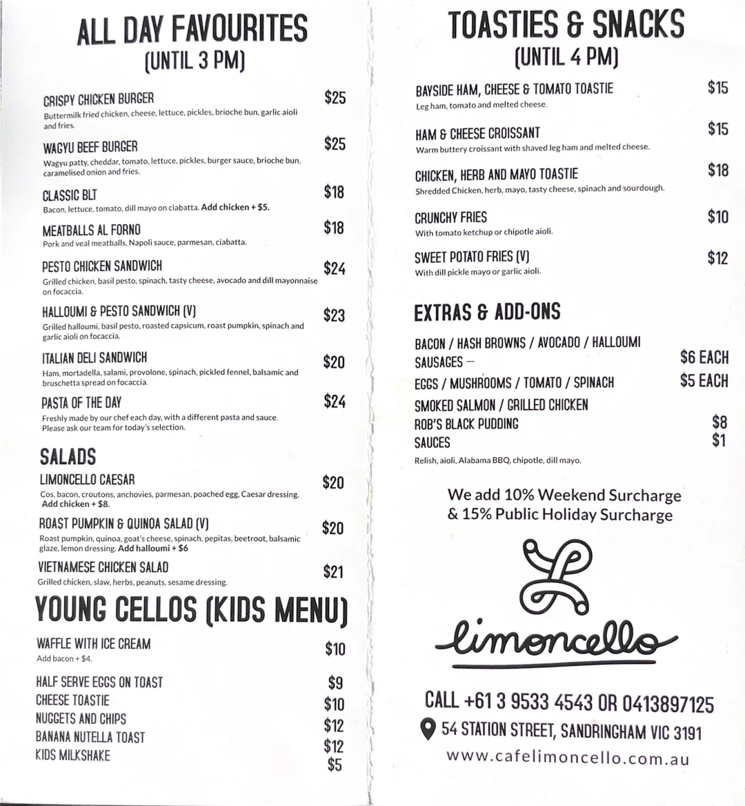 Menu, Cafe Limoncello
