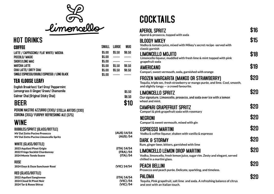Menu, Cafe Limoncello