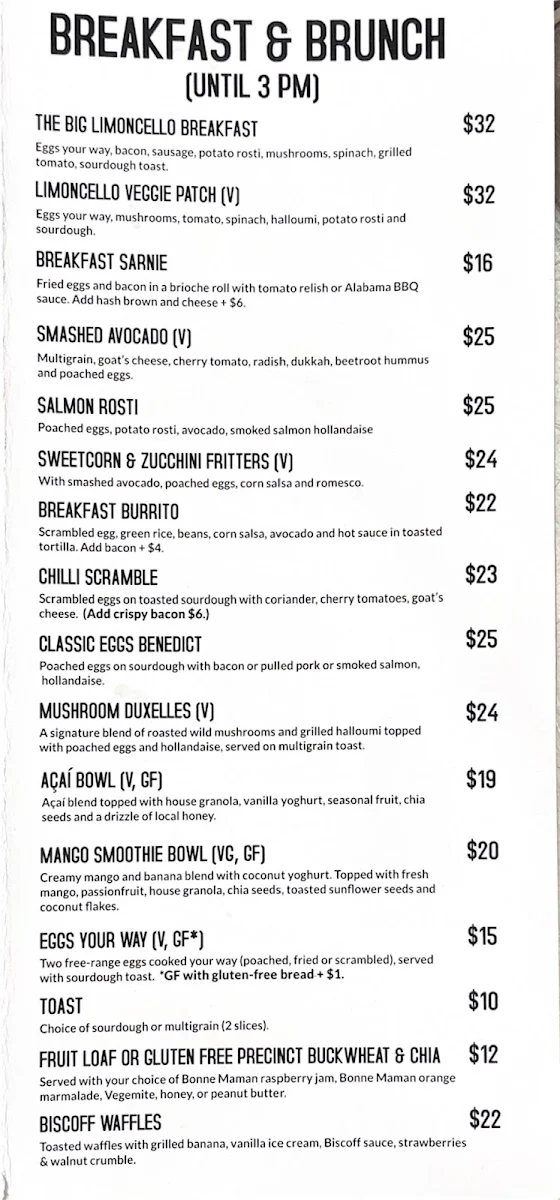 Menu, Cafe Limoncello