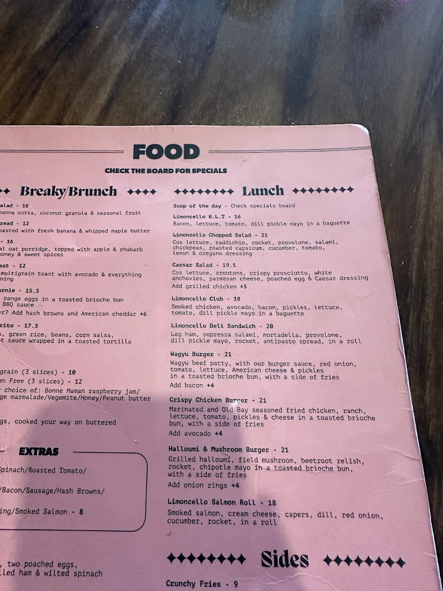 Menu, Cafe Limoncello