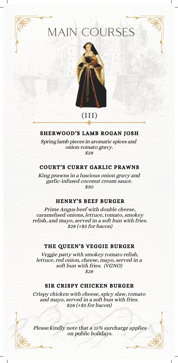 Menu, King Henry’s Restaurant