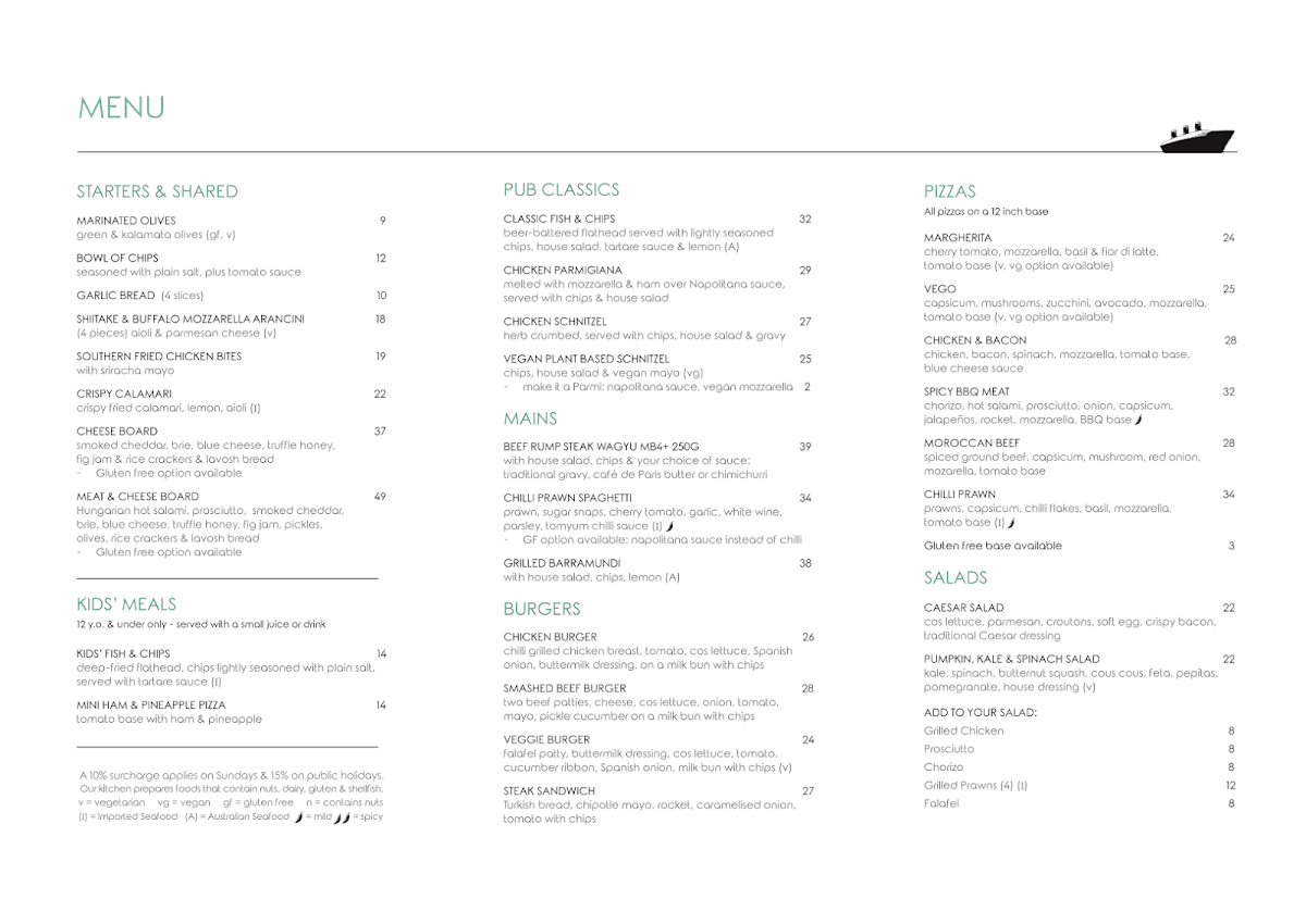 Menu, The Ship Inn