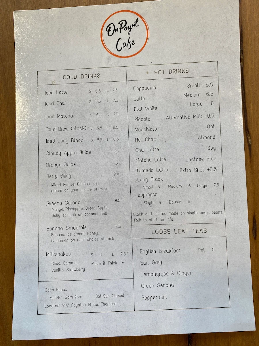 Menu, On Poynt Cafe