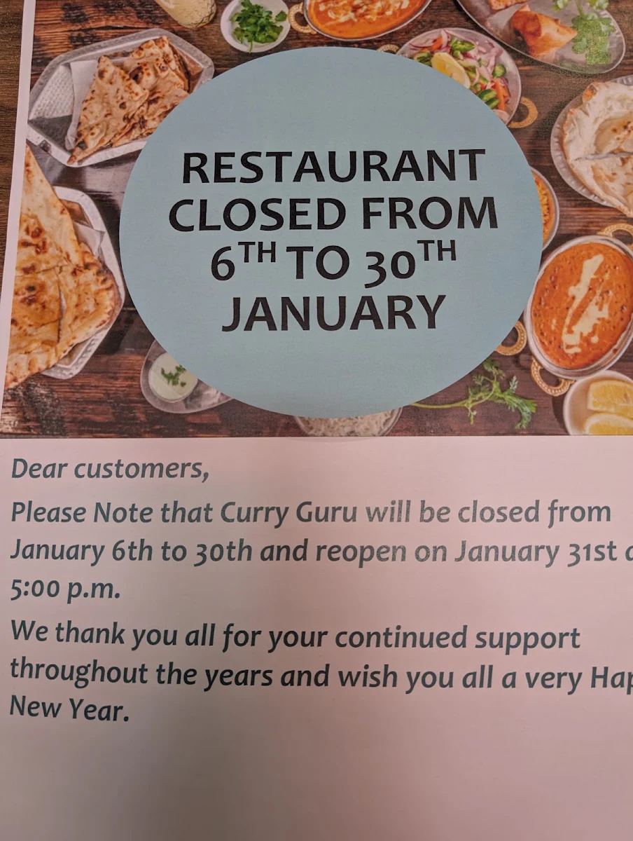 Menu, Curry Guru