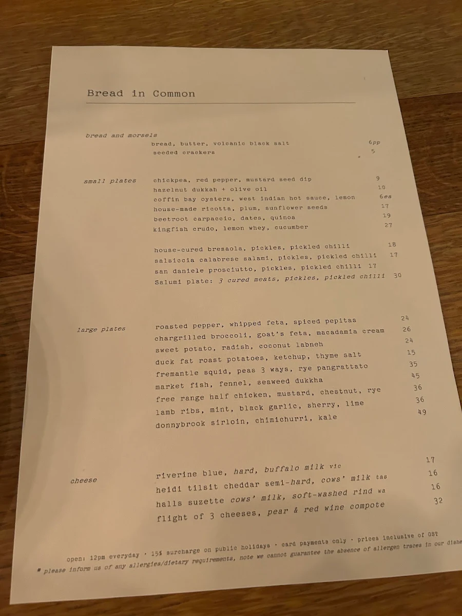 Menu, Bread in Common