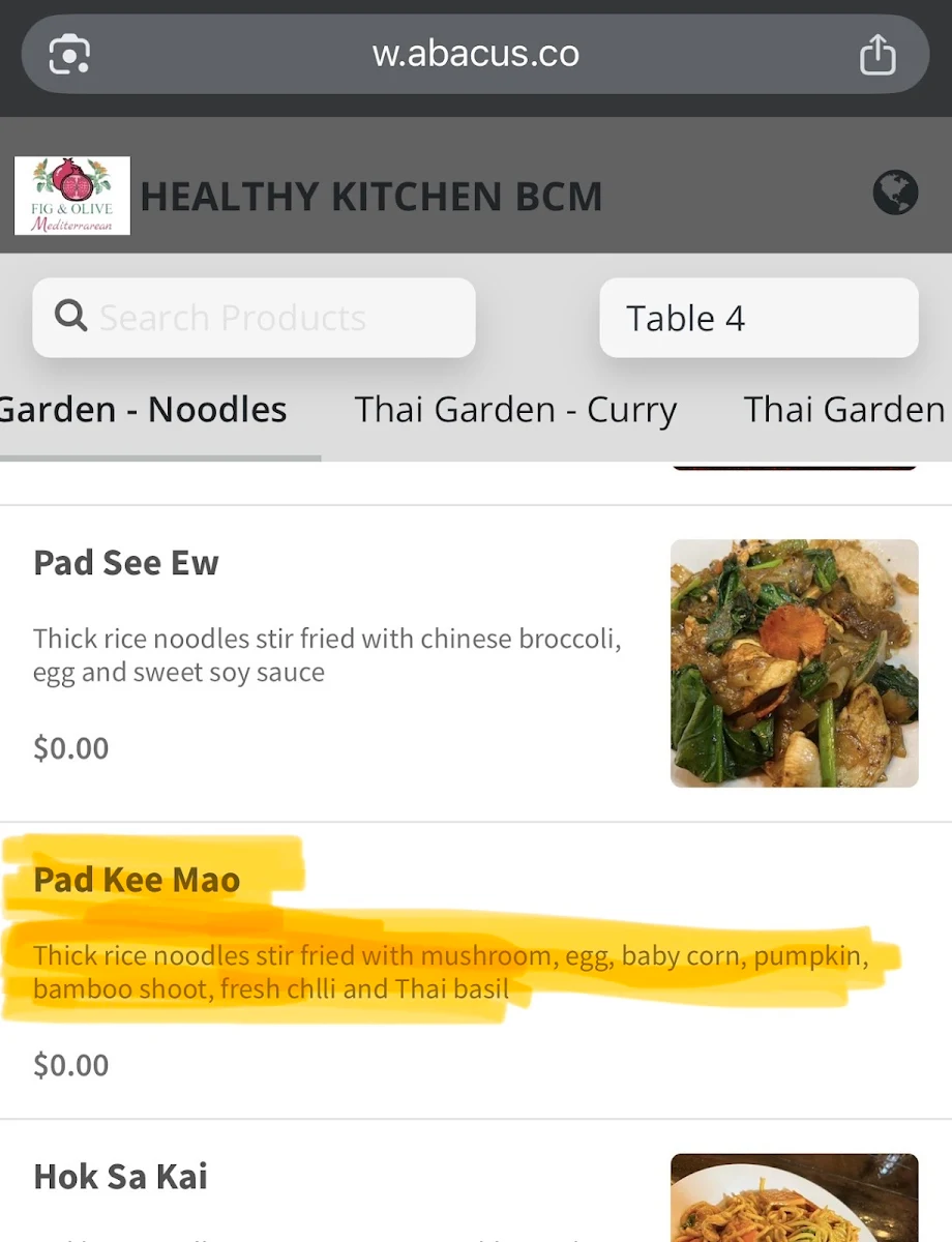 Menu, Thai Garden Restaurant
