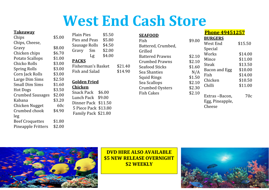 Menu, West End Cash Store