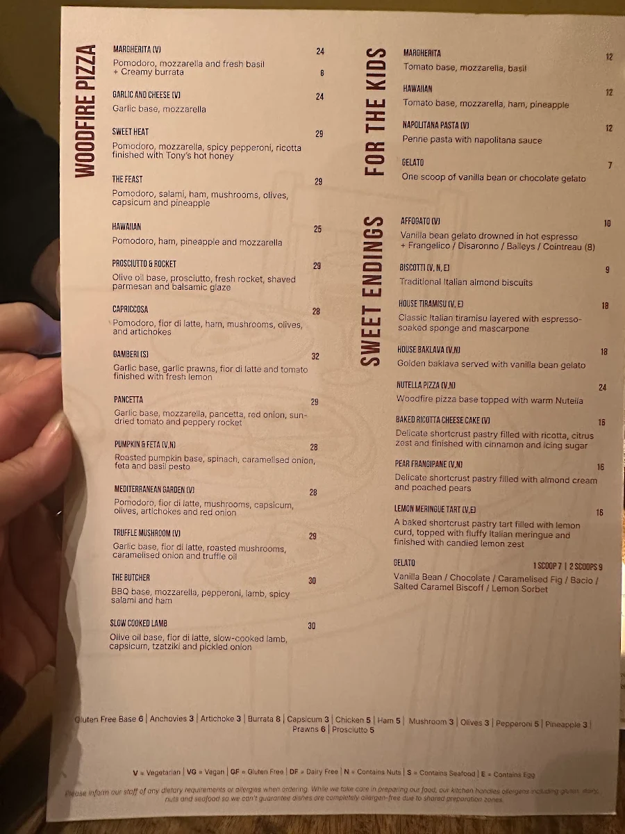 Menu, Tony's Woodfire